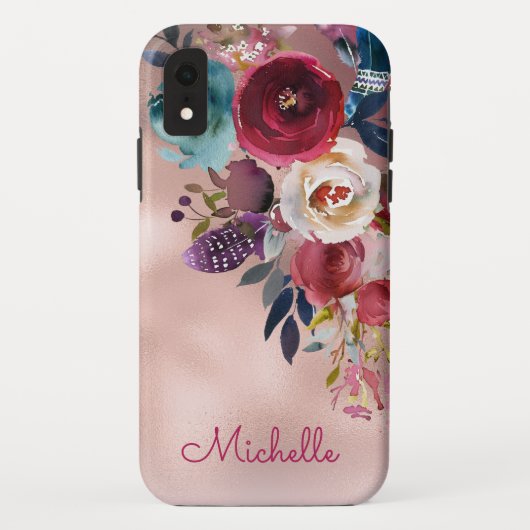 Chic Elegant Burgundy Pink Navy Floral Name Case-Mate iPhone Case (Achterkant)