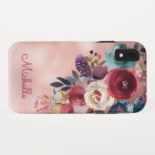 Chic Elegant Burgundy Pink Navy Floral Name Case-Mate iPhone Case (Achterkant (horizontaal))