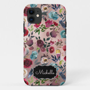 Chic Elegant Burgundy Pink Navy Floral Name Case-Mate iPhone Case