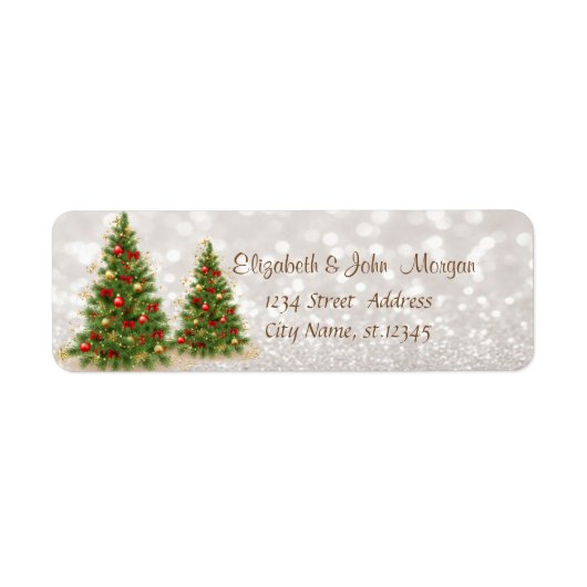 Chic Elegant,Dennenbomen, Glitterende Bokeh Label (Voorkant)
