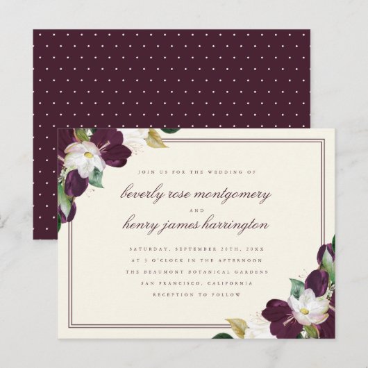 Chic Elegant Diep Paarse & Ivoor Bloemen Huwelijk Uitnodiging Briefkaart (Voorkant / Achterkant)