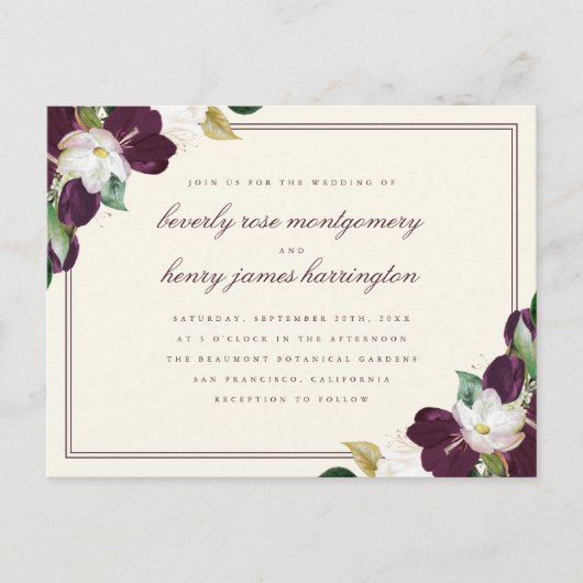 Chic Elegant Diep Paarse & Ivoor Bloemen Huwelijk Uitnodiging Briefkaart (Voorkant)