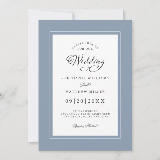 Chic Elegant Dusty Blue Wedding Modern Borders Kaart (Voorkant)