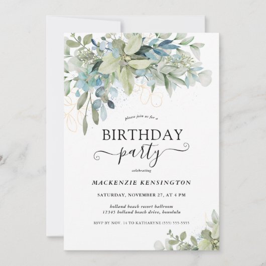 Chic Elegant Eucalyptus Botanical Birthday Party Kaart (Voorkant)