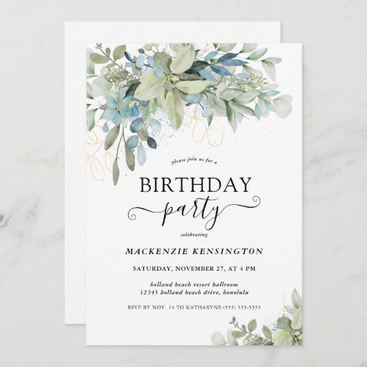 Chic Elegant Eucalyptus Botanical Birthday Party Kaart (Voorkant / Achterkant)