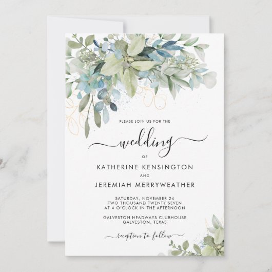 Chic Elegant Eucalyptus Greenery Script Weddenscha Kaart (Voorkant)