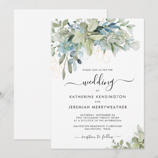 Chic Elegant Eucalyptus Greenery Script Weddenscha Kaart (Voorkant / Achterkant)