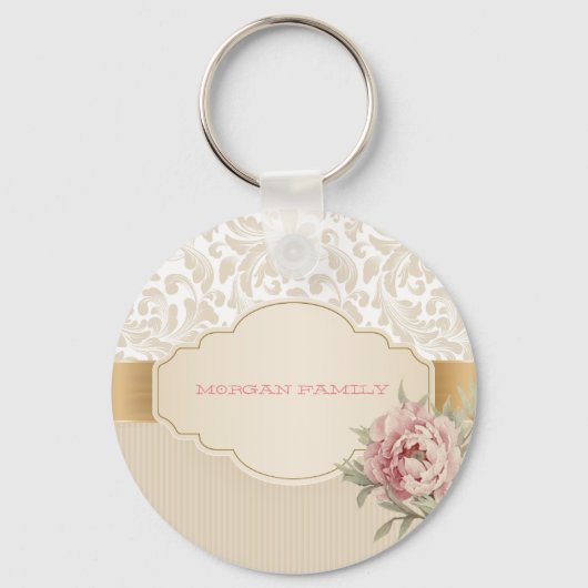Chic Elegant Floral Damask Rozen Sleutelhanger (Voorkant)