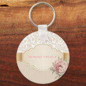 Chic Elegant Floral Damask Rozen Sleutelhanger (Voorkant)