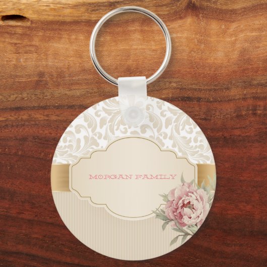Chic Elegant Floral Damask Rozen Sleutelhanger (Voorkant)