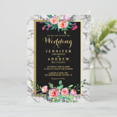 Chic Elegant Floral Marble Wedding Invite Kaart (Staand voorkant)