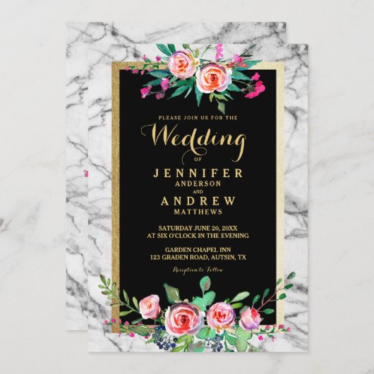 Chic Elegant Floral Marble Wedding Invite Kaart (Voorkant / Achterkant)