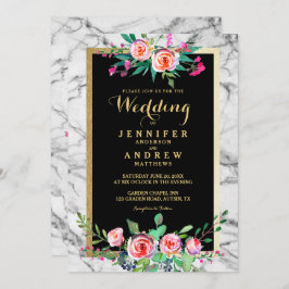 Chic Elegant Floral Marble Wedding Invite Kaart