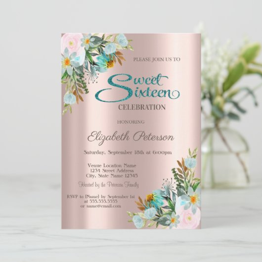 Chic Elegant Flowers Roos Gold Sweet 16 Kaart (Staand voorkant)