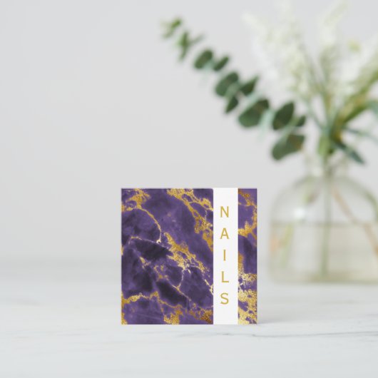 ** Chic Elegant Girly Gold Paarse Marmeren Nagels Vierkante Visitekaartje (Staand voorkant)