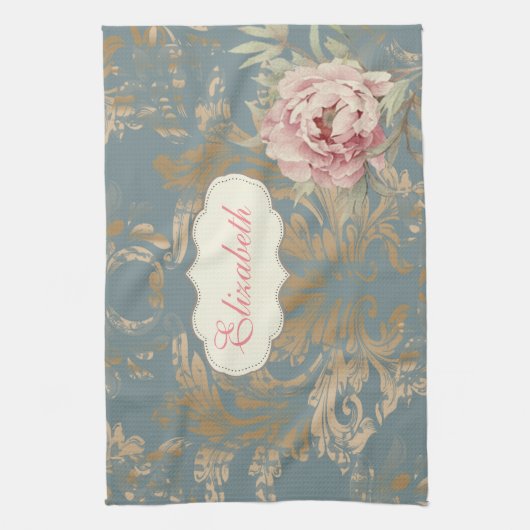 Chic Elegant Gold Damask Rozen Theedoek (Verticaal)