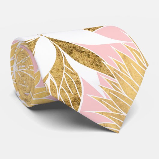 Chic Elegant Gold Pink White Flowers and Leaves Stropdas (Opgerold)