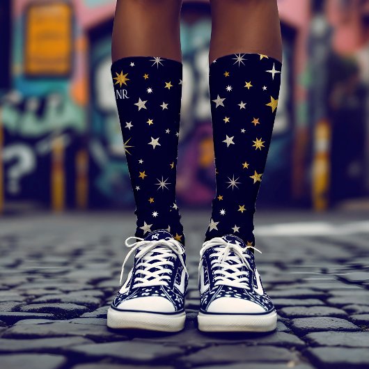 Chic Elegant Gold Silver Stars Navy Blue Monogram Sokken