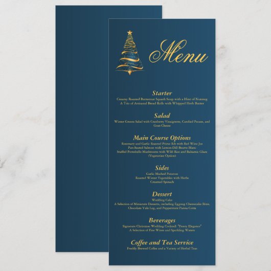 Chic Elegant Golden Christmas Tree Wedding Menu Kaart (Voorkant / Achterkant)