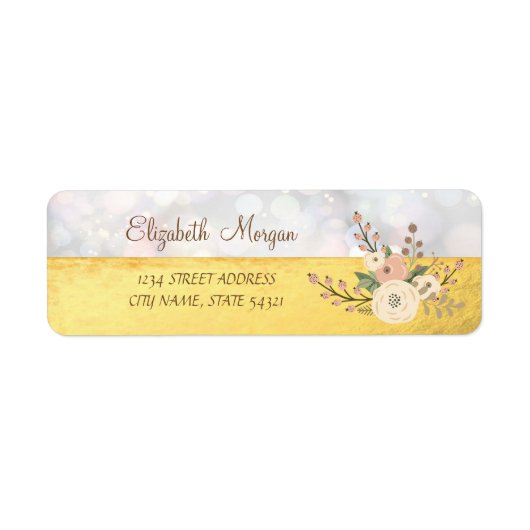 Chic Elegant, Goud, Bokeh Bloem Adreslabel Etiket (Voorkant)
