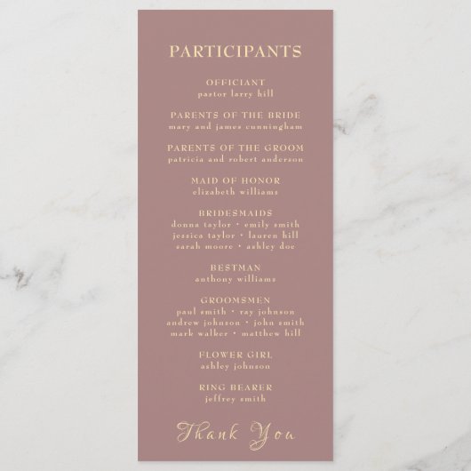 Chic Elegant Gouden Bloem Typografie Huwelijk Programmakaart (Achterkant)