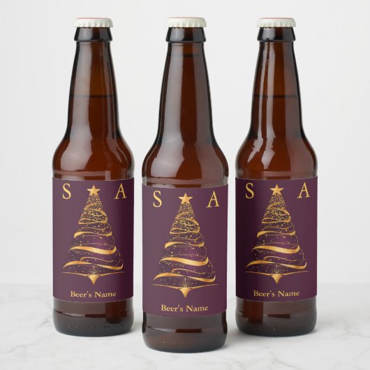 Chic Elegant Gouden Kerstboom Monogram Huwelijk Bier Etiket (Flessen)