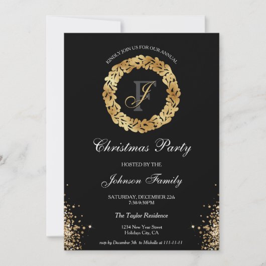 Chic Elegant Gouden Monogram Krans Kerstfeest Kaart (Voorkant)
