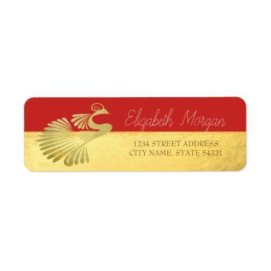Chic Elegant, Gouden Pauw, Rood Adreslabel Etiket (Voorkant)