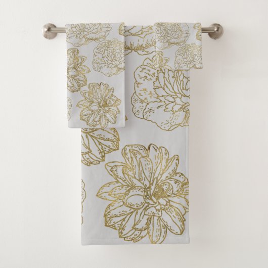 Chic Elegant Grey Gold Line Drawn Flower Pattern Bad Handdoek (Insitu)