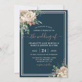 Chic Elegant Ivoor & Blush Bloemen Navy Wedding Kaart (Voorkant)