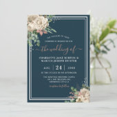 Chic Elegant Ivoor & Blush Bloemen Navy Wedding Kaart (Staand voorkant)