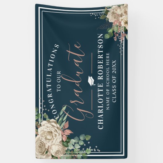 Chic Elegant Ivory & Blush Floral Afstuderen Spandoek (Verticaal)