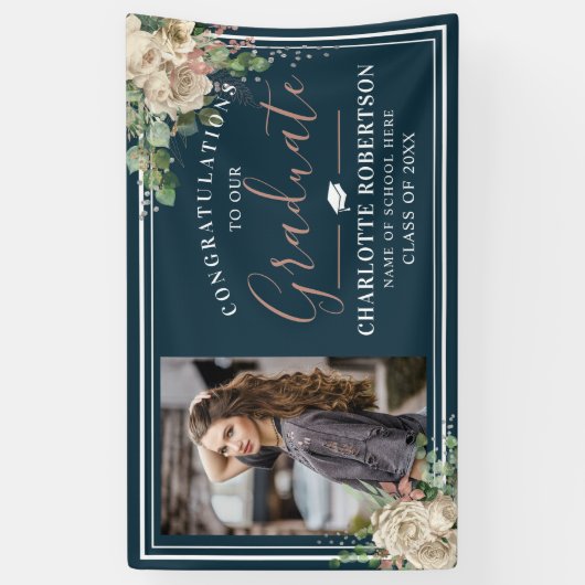 Chic Elegant Ivory & Blush Floral Photo Afstuderen Spandoek (Verticaal)