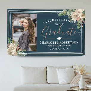 Chic Elegant Ivory & Blush Floral Photo Afstuderen Spandoek