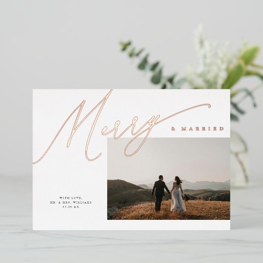 Chic Elegant Merry & Married One Photo Roos Gold Folie Feestdagenkaart (Staand Voorkant)