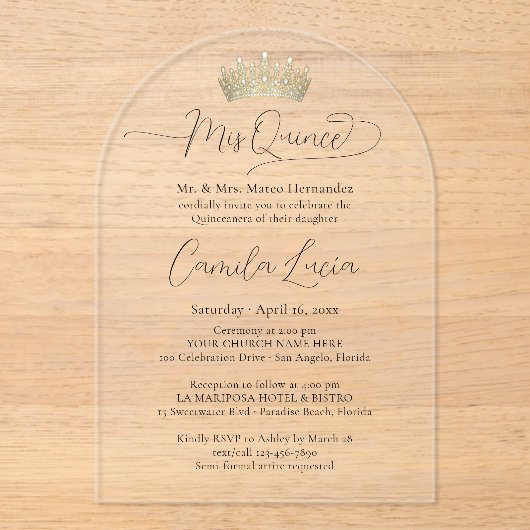Chic Elegant Mis Quince Script & Quinceañera Crown Acryl Uitnodigingen (Voorkant)