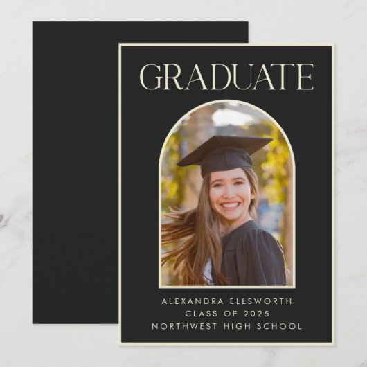 Chic Elegant Modern Photo Black Arch Afstuderen Aankondiging (Voorkant / Achterkant)