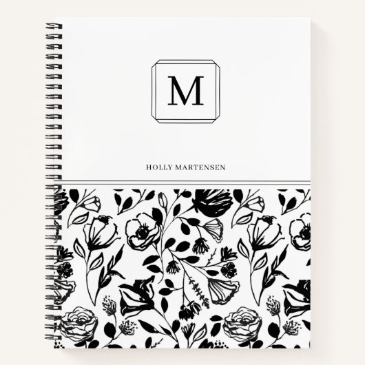 Chic Elegant Monogram Black White Flower Pattern Notitieboek (Voorkant)