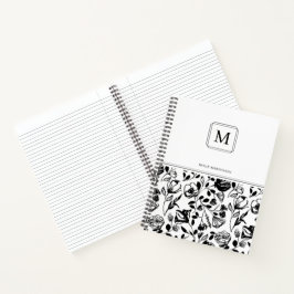 Chic Elegant Monogram Black White Flower Pattern Notitieboek
