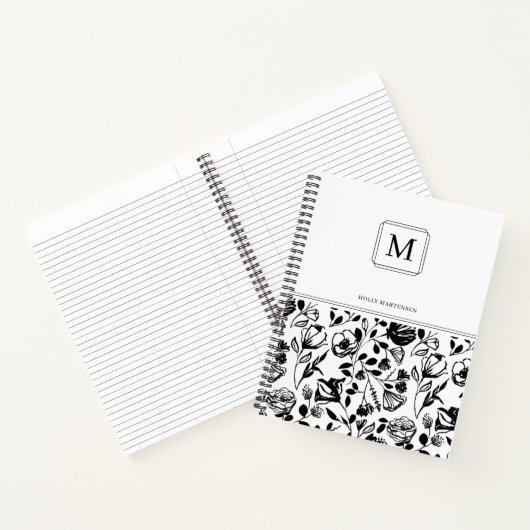 Chic Elegant Monogram Black White Flower Pattern Notitieboek (Binnen)