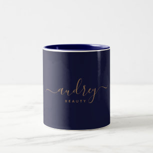 Chic Elegant Navy Blue Gold Script Tweekleurige Koffiemok