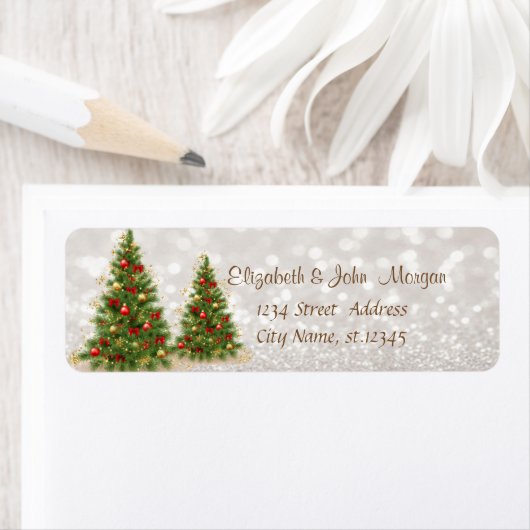Chic Elegant, Pine Trees, Glittery Bokeh Label (Insitu)