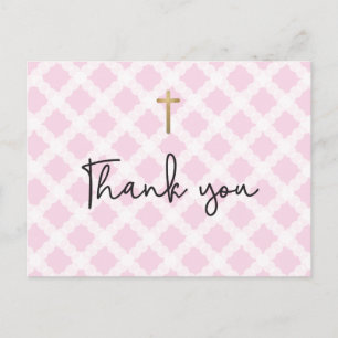 Chic Elegant Pink Faux Gold Cross First Commune Briefkaart