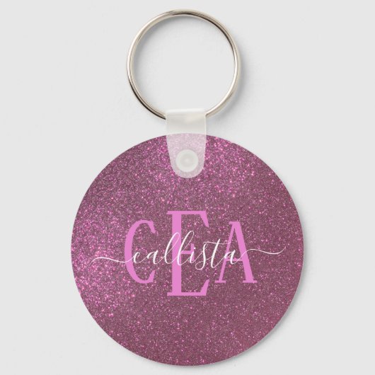Chic Elegant Plum Paars Sparkly Glitter Monogram Sleutelhanger (Voorkant)