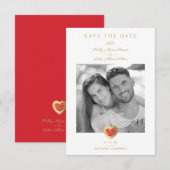 Chic Elegant Red & Gold Heart Photo Couple Wedding Save The Date (Voorkant / Achterkant)