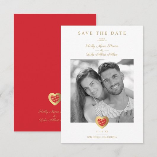 Chic Elegant Red & Gold Heart Photo Couple Wedding Save The Date (Voorkant / Achterkant)
