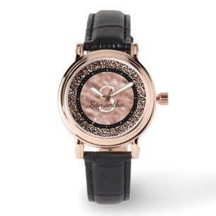 Chic Elegant Roos Gold Leopard Afdrukmonogram Horloge
