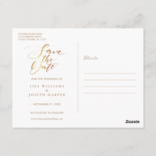 Chic Elegant Roos Gold Script Bewaar de datum Briefkaart (Achterkant)