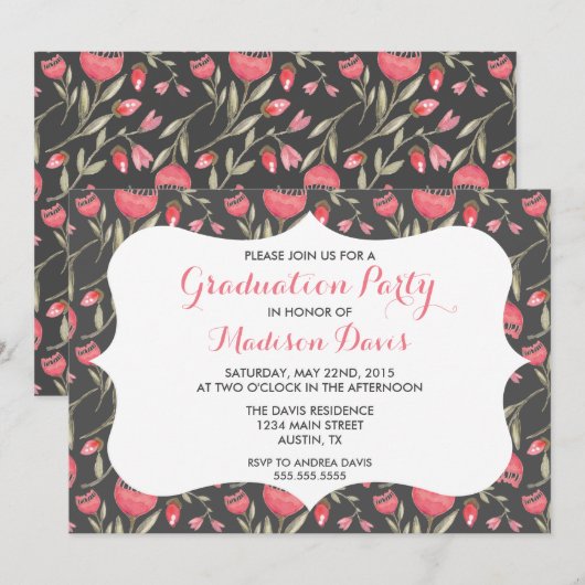 Chic Elegant Roze Bloemen Afstuderen Uitnodigingen (Voorkant / Achterkant)