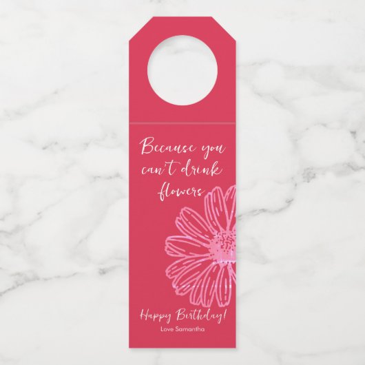 Chic Elegant Roze Flower Happy Birthday Wine Flessenhanger (Voorkant)